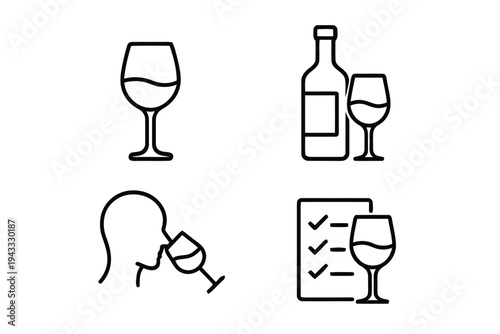 Collection of simple outline icons associated with wine appreciation and consumption featuring wine glasses bottle grape bunch sommelier tasting checklist and vineyard scene