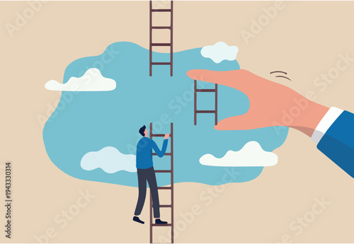 Helping hand, business support to reach career target or help to climb up ladder of success concept, businessman climbing up to top of broken ladder with huge helping hand to connect to reach higher