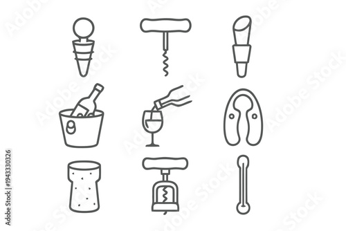 Collection of wine accessories and tools, including corkscrew, wine stopper, aerator, thermometer, ice bucket, and wine glasses, for wine tasting and connoisseurship