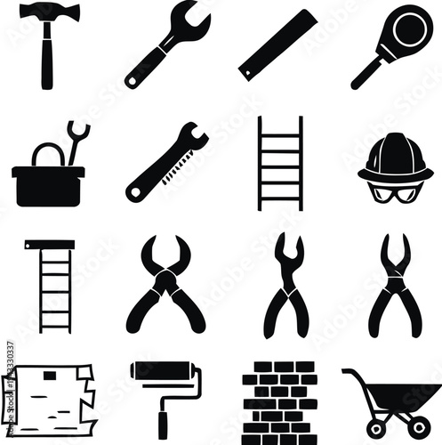 Compilation of construction and repair tools vector icons for DIY projects and renovation concepts flat design style