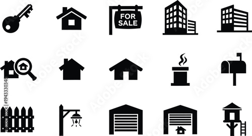 Real estate property icons set with house building key investment symbols