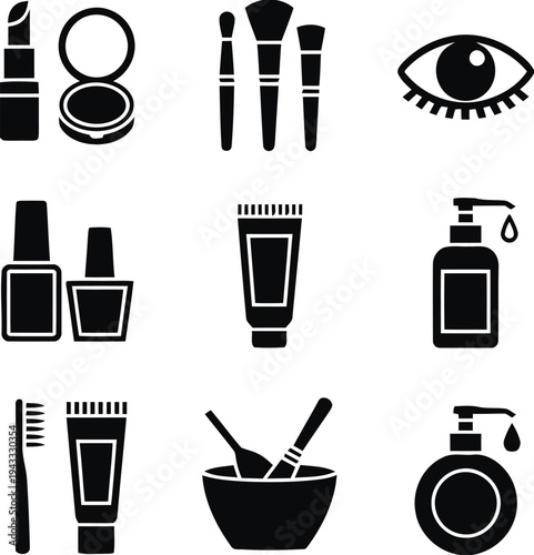 Comprehensive collection of beauty and personal care product icons in black, useful for cosmetic brands, beauty influencers, and skincare advertisements
