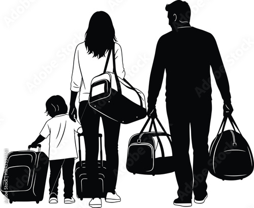 Family silhouette walking with luggage and suitcases representing travel, summer vacation, tourism, relocation, airport departure, and moving to a new home.