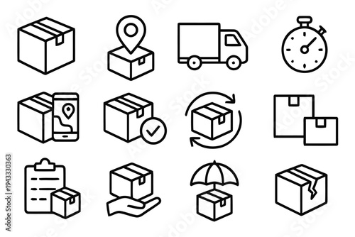 Delivery and shipping icons with boxes packages trucks location pins clipboard stopwatch demonstrating online order tracking and parcel delivery services