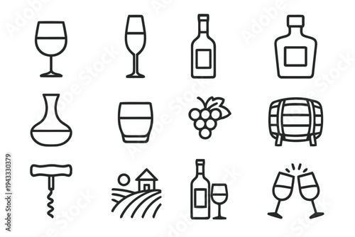 Comprehensive outline icon set for wine and spirits, including glasses, bottles, decanter, barrel, corkscrew, grapes, vineyard, and cheers toast, food and drink theme.