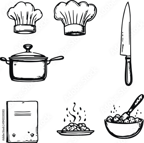 Cooking and culinary icons featuring chef hats, pot, knife, recipe book, and food dishes, representing kitchenware and culinary arts for food enthusiasts.
