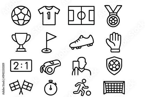 Comprehensive icon set for soccer showcasing essential elements like ball jersey field trophy strategy whistle referee player cleat medal and goal for sports graphics
