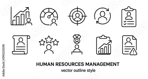 Comprehensive set of human resources management vector outline icons representing recruitment, performance, employee management, and HR processes.