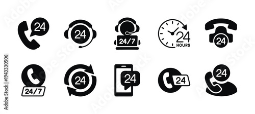 Customer service icons set representing 24 hour support and assistance for clients. collection of call center, communication, help desk, clock, phone, and headset symbols.