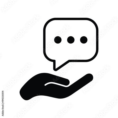 Customer support chat bubble icon resting on open hand silhouette representing care and communication assistance for users online, helping with inquiries
