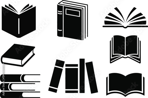 Book Silhouette Vector Set, Classic and Modern Book Icons Collection Featuring Open Book, Closed Book, Stack of Books, and Reading Symbols for Education, Library, Publishing, and Literature Design