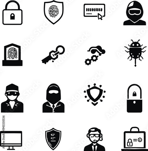 Cybersecurity and protection icons in flat design, featuring locks, shields, fingerprints, hackers, and bugs, representing digital security and data safety
