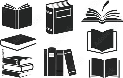 Book Silhouette Vector Set, Classic and Modern Book Icons Collection Featuring Open Book, Closed Book, Stack of Books, and Reading Symbols for Education, Library, Publishing, and Literature Design