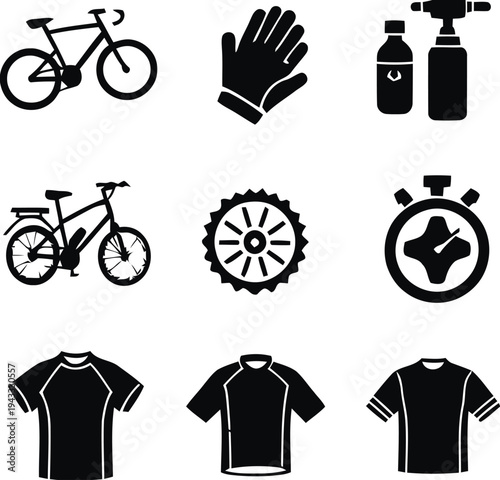 Cycling sport equipment and apparel icons set, featuring bicycle, helmet, gloves, water bottle, jersey, bike parts and stopwatch
