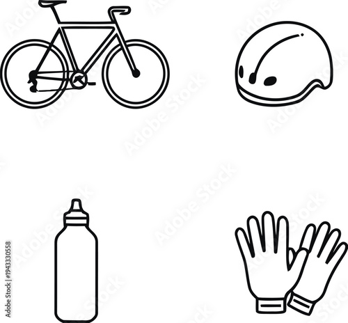 Cycling equipment icons including bicycle helmet water bottle and gloves for active lifestyle and sports concept vector illustration