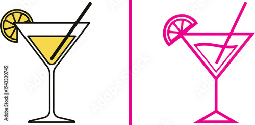 Minimalist vector duo of an orange and pineapple. Features a black line art orange with curved hatching and a vibrant orange pineapple silhouette with woven patterns, split by a vertical line.