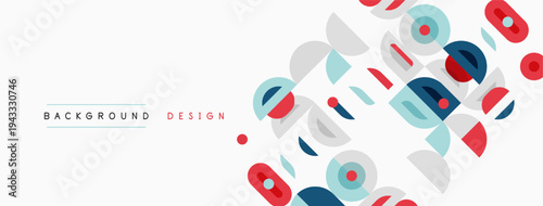 Abstract geometric shapes overlap, creating modern background. Colors include red, blue, gray, white. Minimalist design feels clean, fresh.