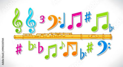 Vibrant musical notes and symbols in various bright colors like green blue orange and pink float around a golden flute creating a lively and cheerful atmosphere for music