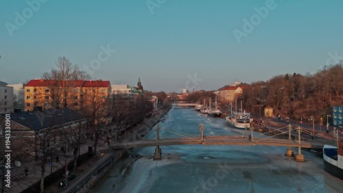 Aerial panorama of Turku city and frozen Aura River at spring sunset