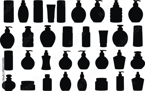 Diverse collection of black silhouette bottles and jars for skincare, cosmetics, and personal care products, featuring various shapes and dispenser types
