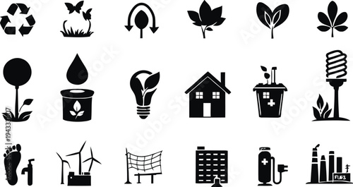Eco friendly symbols and icons for nature conservation and sustainable living featuring recycle sign green leaf energy saving light bulb wind turbines and factory for environmental protection