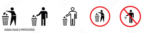 Do not litter signs and icons, depicting people throwing trash into bins, with prohibition symbols for maintaining cleanliness and environmental responsibility.