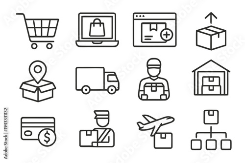 E-commerce and logistics icons depicting online shopping, shipping, delivery, and payment processes for retail and supply chain operations