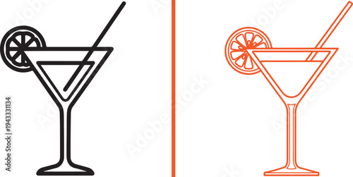 Two minimalist martini vector icons. The left features a crisp black outline with a lemon slice and straight straw. The right is a vibrant orange outline version, separated by a vertical orange line.