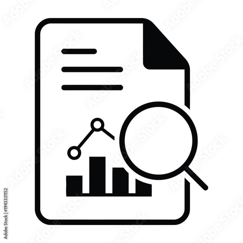 Document with bar chart and magnifying glass flat vector, data research analysis symbol, information audit concept.
