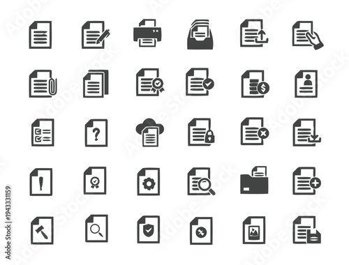 Document management icon set featuring file processing and paper administration and storage and printing and digital security and data analysis symbols for efficient office workflow and archives