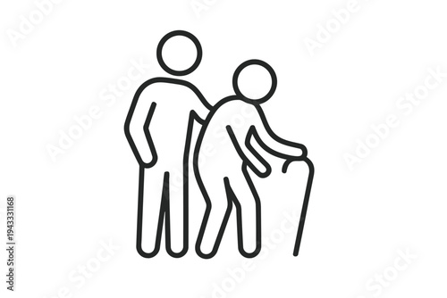 Elderly person with walking cane being assisted by younger person illustrating care support and assistance for seniors in healthcare nursing home or 
