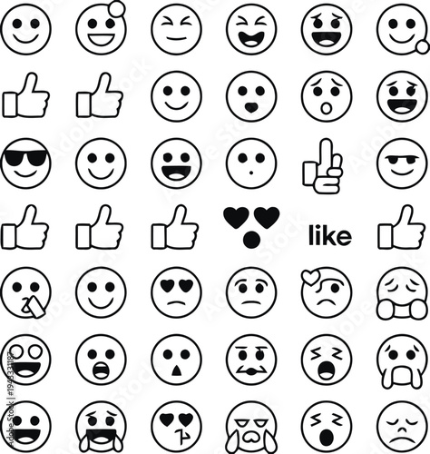 Emoji emotion icons face expressions and social media likes including happy sad cool and laughing characters for communication