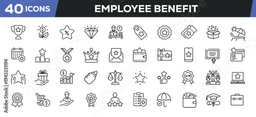 Employee benefit icons, including trophies, rewards, gifts, money, and incentives for workplace recognition and appreciation in business settings.