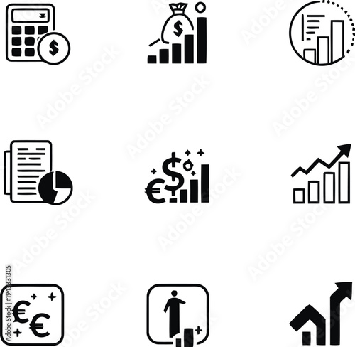Financial and business graph icons demonstrating economic growth investment performance and data analysis representing currency trends market success and financial planning for business development