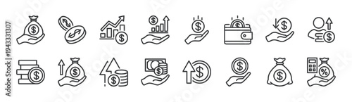 Financial and business icons with line art style representing money growth investment savings transactions and financial management for finance concepts
