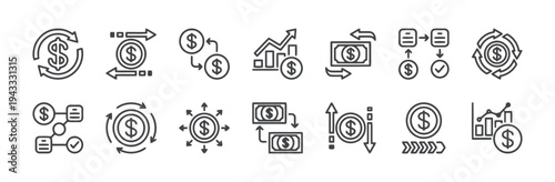 Financial exchange and transaction icons representing money flow, investment growth, and economic processes with dollar symbols and arrows in outline style