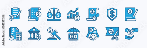 Financial icons in blue highlighting economic growth, money exchange, investment, and banking services with dollar symbols and charts