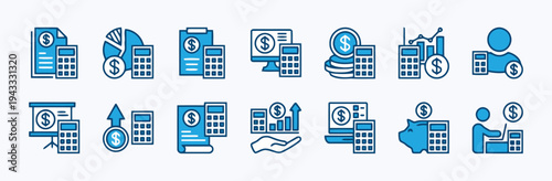 Financial icons illustrating accounting, analytics, and business concepts with blue and dark blue colors, suitable for finance and business websites.