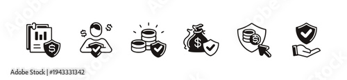 Financial security icons including documents with charts, protected person, secure money stack, money bag with shield, coins under shield with cursor, and shield with checkmark on hand