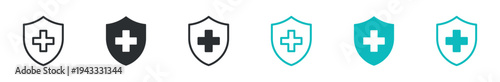 Medical shield icon set, healthcare protection hospital security cross shield symbol, outline and solid and color style. Vector illustration.