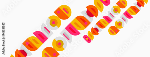 Colorful text pattern covers white background. Letters overlap, creating abstract design. Bright hues dominate composition.