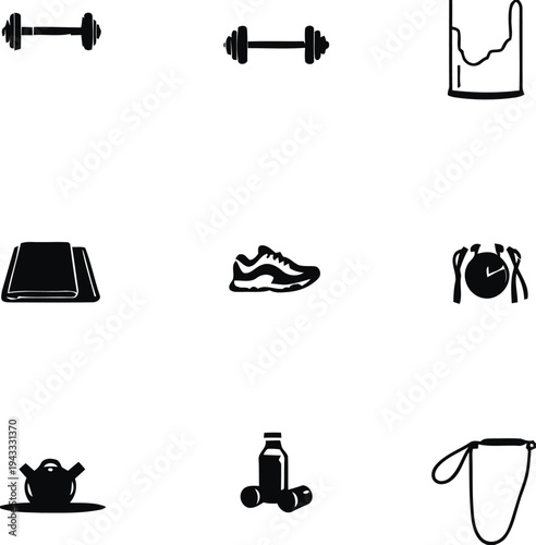 Fitness and gym equipment icons including dumbbells yoga mat running shoes stopwatch water bottle and kettlebell for healthy lifestyle and workout themes
