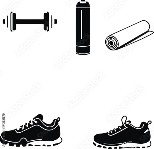 Fitness equipment and apparel with dumbbell, water bottle, yoga mat, and running shoes for active lifestyle and workout session