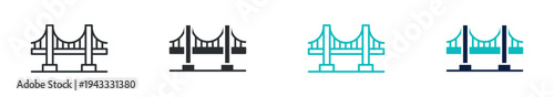 Suspension bridge icon set, landmark bridge construction infrastructure transport symbol, outline and solid and color style. Vector illustration.