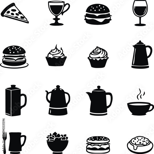 Food and drink icons featuring pizza burger cupcake coffee cup and pot representing various popular cuisines and beverages for restaurant or cafe menus