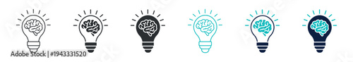 Idea brain light bulb icon set, creativity innovation thinking concept symbol, outline and solid and color style. Vector illustration.