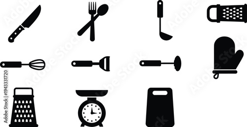 Kitchen utensil icons collection with knife fork spoon whisk spatula ladle grater board scale