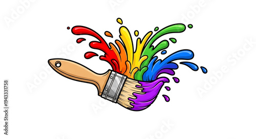 Vibrant rainbow paint splash erupting from a wooden handled paintbrush symbolizing creativity artistic expression and joyful imagination with dynamic motion and bright saturated