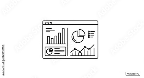 A minimalist vector graphic illustration of a web browser window displaying various charts and graphs for data analysis and business intelligence.