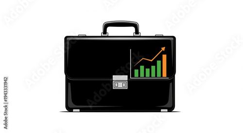 A sleek black briefcase with a silver handle and lock, featuring a green bar graph and orange line graph on its front, symbolizing business success and growth.